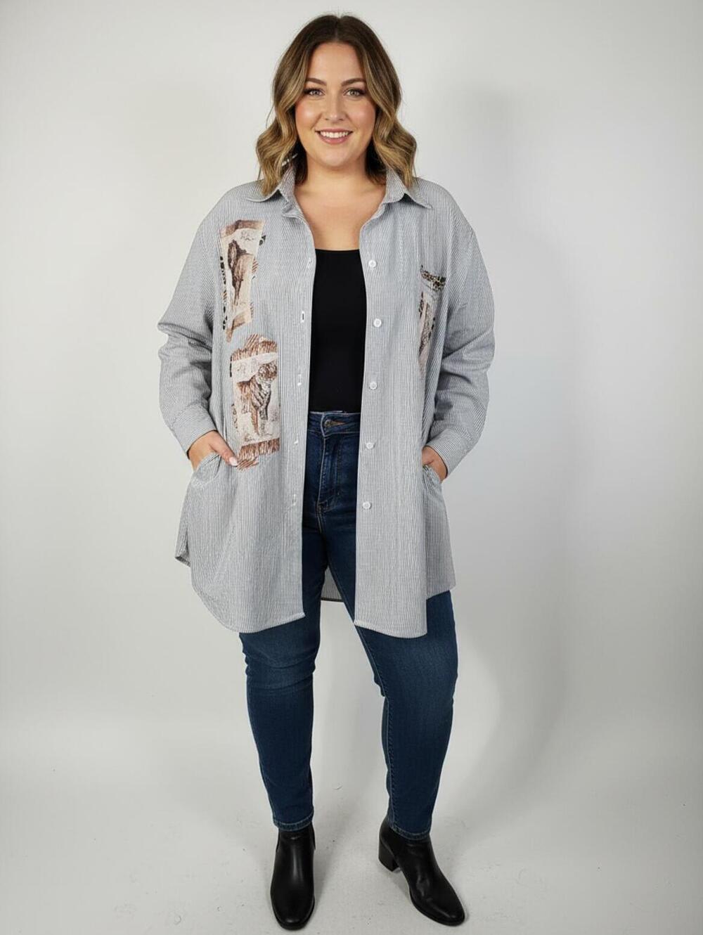 Las Olas XL Gray Striped Button-Up Shirt with Animal Print Patches